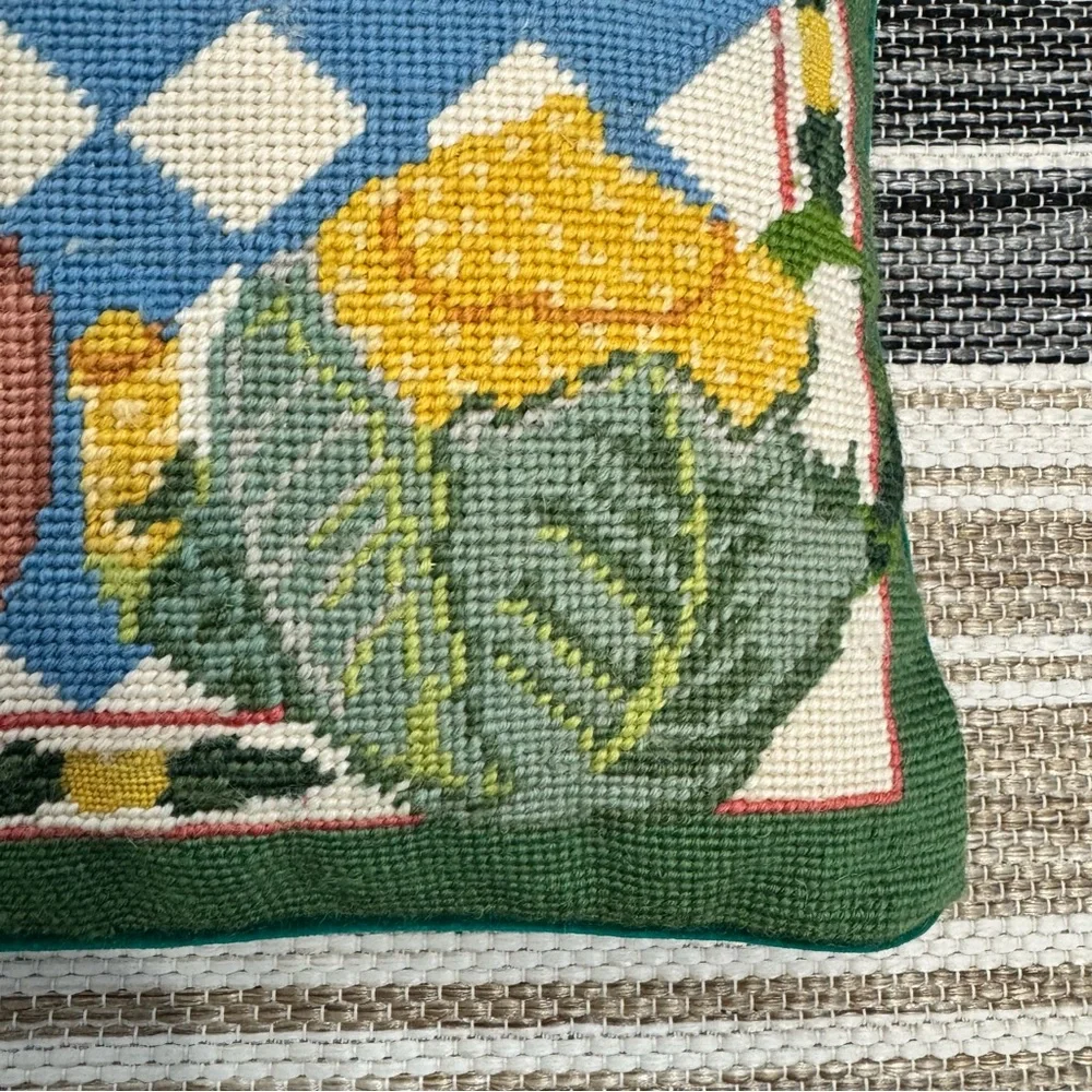 Vintage Wool‎ Needlepoint Multicolor Throw Pillow Teapot Collection